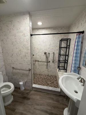 Bathroom, Glass Shower, Interior, Recessed Lighting, Wood Texture Flooring