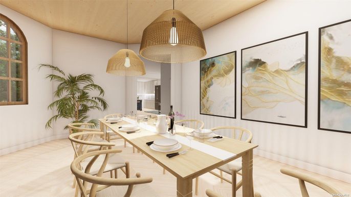 Dining room, Interior, Pendant Lights, Wood Texture Flooring