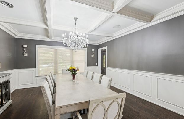 Chandelier, Dining room, Interior, Wood Texture Flooring