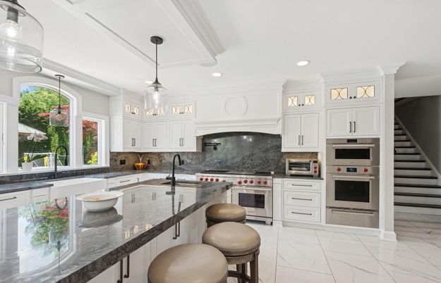 Interior, Kitchen, Marble, Pendant Lights, Recessed Lighting, Stainless Steel Appliances