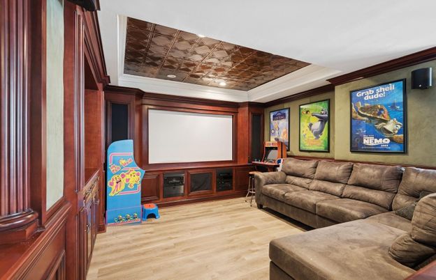 Interior, Living room, Projection Screen, Recessed Lighting, Wood Texture Flooring