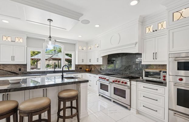 Interior, Kitchen, Marble, Pendant Lights, Recessed Lighting, Stainless Steel Appliances