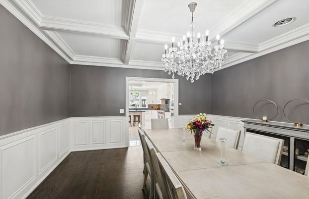 Chandelier, Dining room, Interior, Kitchen, Recessed Lighting, Wood Texture Flooring
