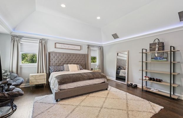 Bedroom, Interior, Recessed Lighting, Wood Texture Flooring
