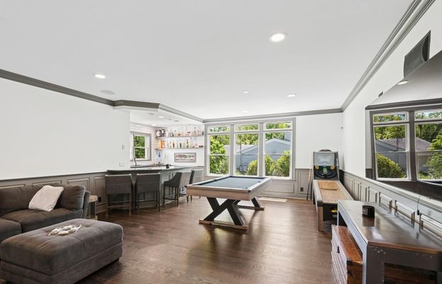 Billiard Table, Game Room, Interior, Recessed Lighting, Wood Texture Flooring