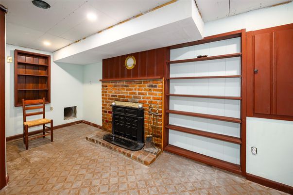 Fireplace, Interior, Recessed Lighting, Stone Walls