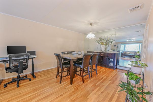 Dining room, Interior, Pendant Lights, Wood Texture Flooring