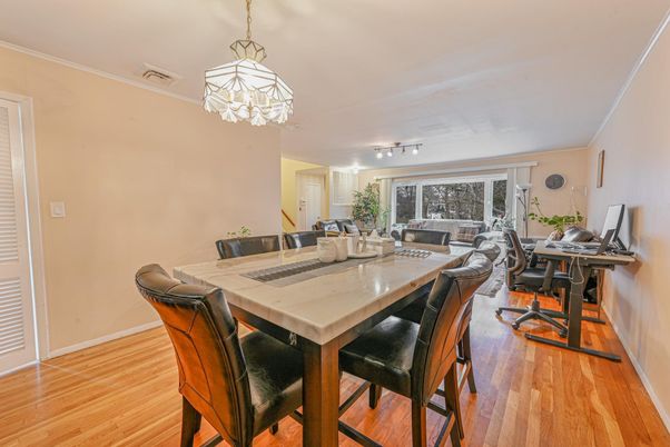 Dining room, Interior, Pendant Lights, Wood Texture Flooring
