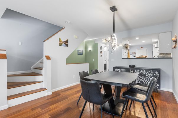 Dining room, Interior, Pendant Lights, Recessed Lighting, Wood Texture Flooring