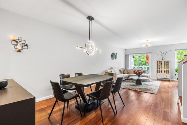 Dining room, Interior, Living room, Pendant Lights, Wood Texture Flooring