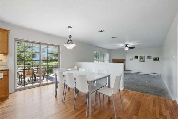 Dining room, Interior, Pendant Lights, Wood Texture Flooring