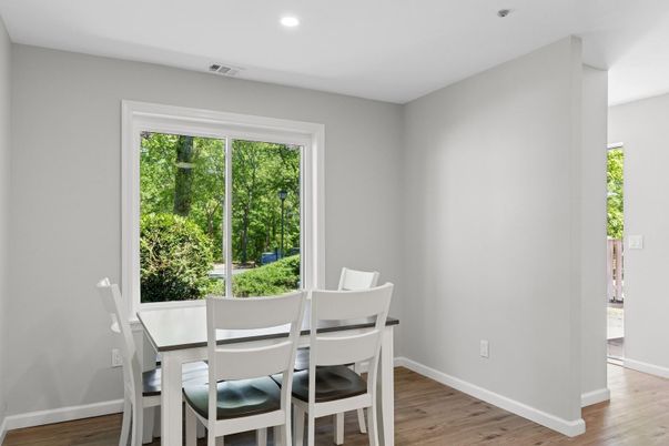 Dining room, Interior, Recessed Lighting, Wood Texture Flooring