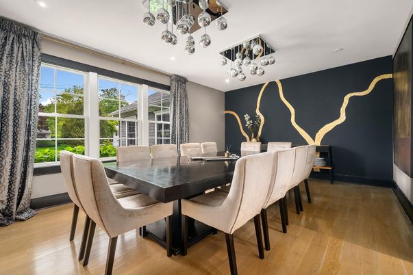 Dining room, Interior, Pendant Lights, Recessed Lighting, Wood Texture Flooring