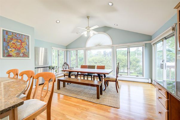 Dining room, Interior, Recessed Lighting, Sun Room, Wood Texture Flooring