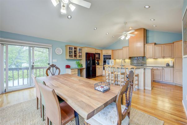 Dining room, Interior, Kitchen, Recessed Lighting, Stainless Steel Appliances, Wood Texture Flooring