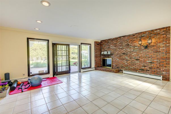 Empty room, Fireplace, Interior, Recessed Lighting, Stone Walls