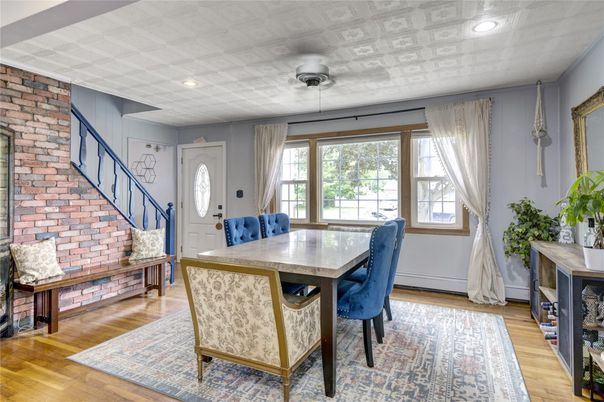 Dining room, Interior, Pendant Lights, Recessed Lighting, Stone Walls, Wood Texture Flooring