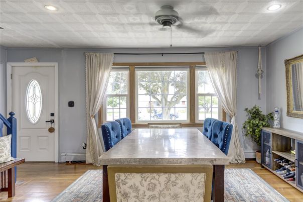 Dining room, Interior, Recessed Lighting, Wood Texture Flooring
