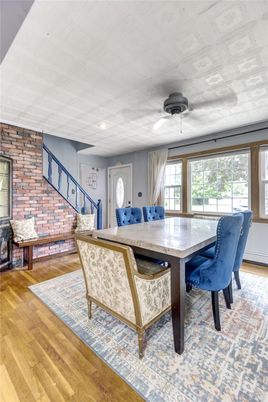 Dining room, Interior, Recessed Lighting, Stone Walls, Wood Texture Flooring