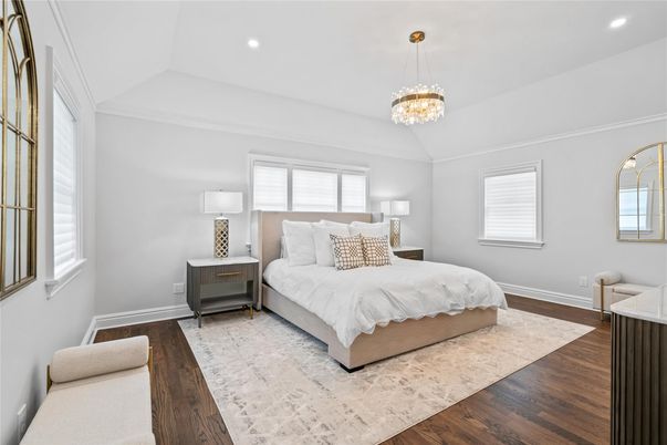 Bedroom, Chandelier, Interior, Pendant Lights, Recessed Lighting, Wood Texture Flooring