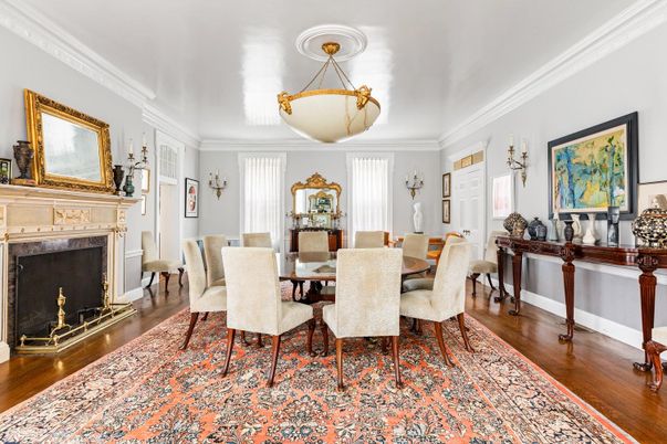 Dining room, Fireplace, Interior, Pendant Lights, Wood Texture Flooring