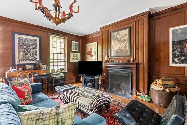 Chandelier, Fireplace, Interior, Living room, Wooden Walls