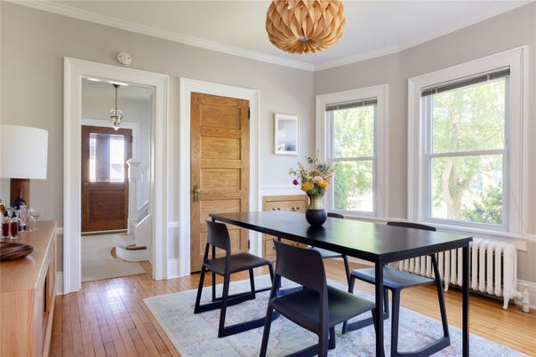 Dining room, Interior, Pendant Lights, Wood Texture Flooring