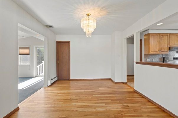 Chandelier, Empty room, Interior, Kitchen, Recessed Lighting, Wood Texture Flooring