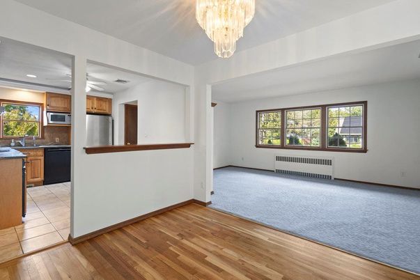 Chandelier, Empty room, Interior, Kitchen, Recessed Lighting, Wood Texture Flooring