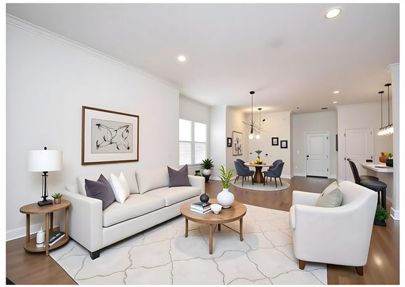 Dining room, Interior, Living room, Pendant Lights, Recessed Lighting, Wood Texture Flooring