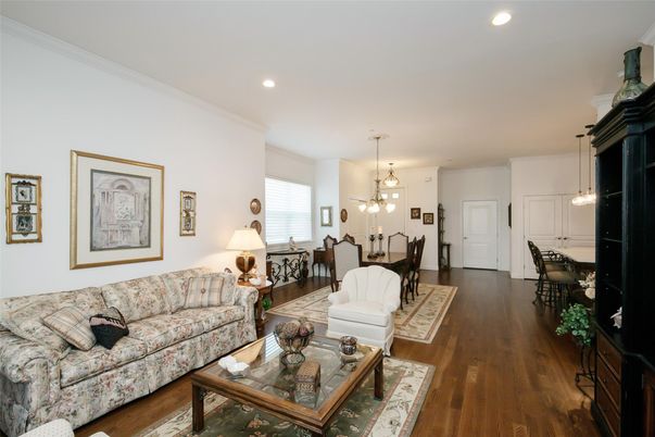 Dining room, Interior, Living room, Pendant Lights, Recessed Lighting, Wood Texture Flooring