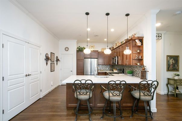 Interior, Kitchen, Pendant Lights, Recessed Lighting, Stainless Steel Appliances, Wood Texture Flooring