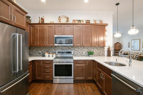 Interior, Kitchen, Pendant Lights, Recessed Lighting, Stainless Steel Appliances, Wood Texture Flooring