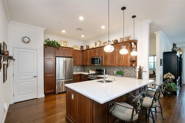 Interior, Kitchen, Pendant Lights, Recessed Lighting, Stainless Steel Appliances, Wood Texture Flooring