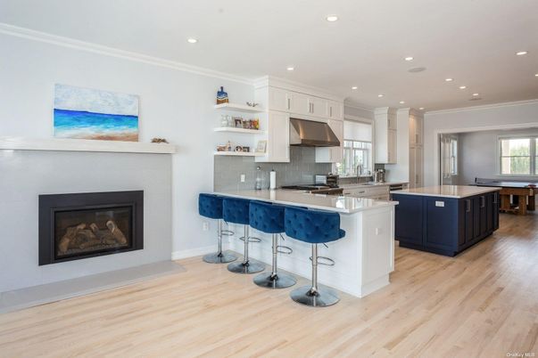 Fireplace, Interior, Kitchen, Recessed Lighting, Wood Texture Flooring