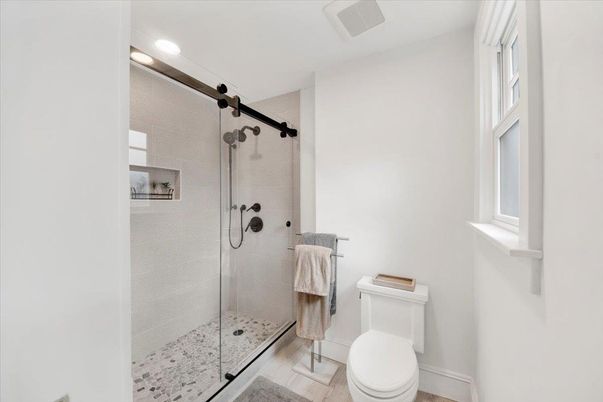 Bathroom, Glass Shower, Interior, Recessed Lighting, Wood Texture Flooring