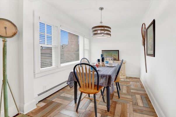 Dining room, Interior, Pendant Lights, Wood Texture Flooring