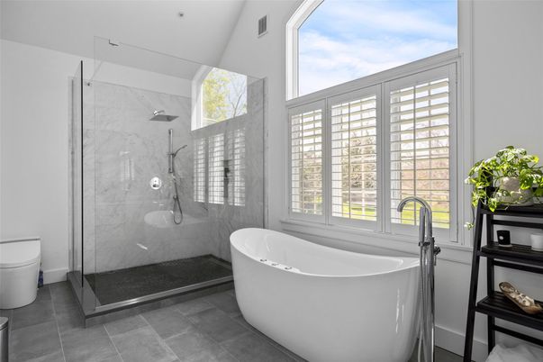 Bathroom, Free Standing Baths, Glass Shower, Interior, Marble Walls