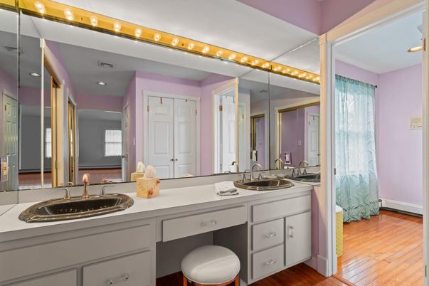Bathroom, Dual Sink Vanities, Interior, Recessed Lighting, Wood Texture Flooring