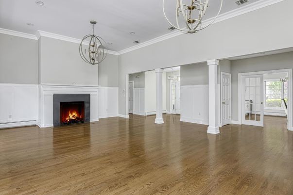 Chandelier, Empty room, Fireplace, Interior, Wood Texture Flooring