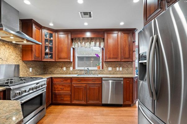 Interior, Kitchen, Recessed Lighting, Stainless Steel Appliances, Wood Texture Flooring