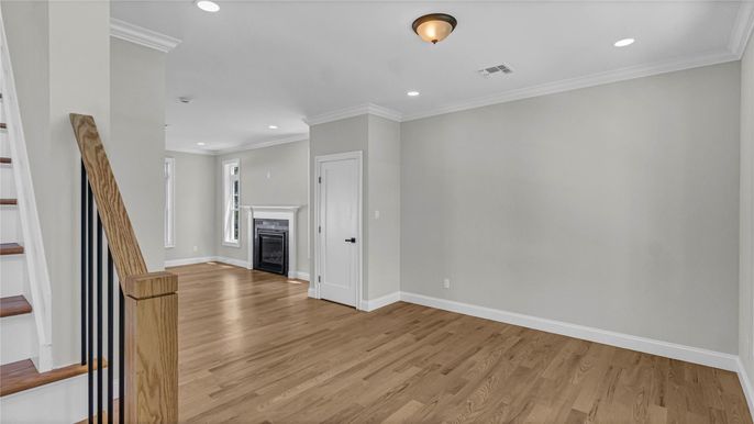 Empty room, Fireplace, Interior, Recessed Lighting, Wood Texture Flooring