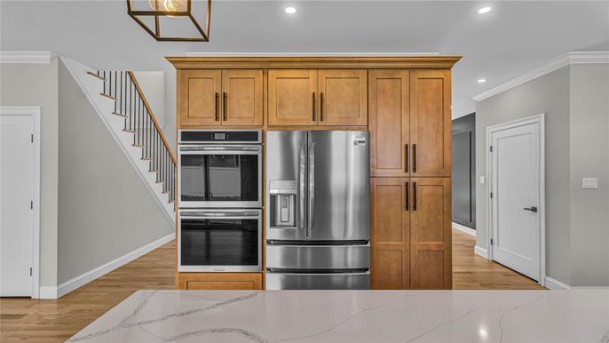 Interior, Kitchen, Recessed Lighting, Stainless Steel Appliances, Wood Texture Flooring