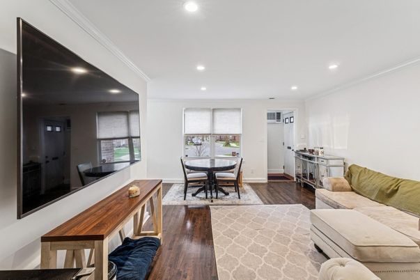 Dining room, Interior, Living room, Recessed Lighting, Wood Texture Flooring