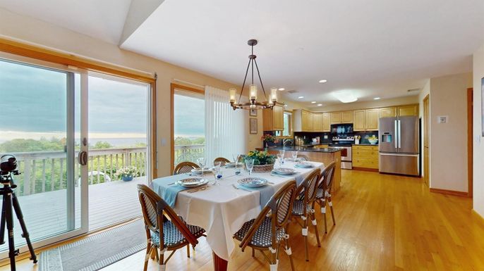 Dining room, Interior, Kitchen, Pendant Lights, Recessed Lighting, Stainless Steel Appliances, Water, Wood Texture Flooring