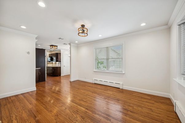 Empty room, Interior, Kitchen, Recessed Lighting, Wood Texture Flooring