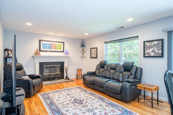 Fireplace, Interior, Living room, Recessed Lighting, Wood Texture Flooring