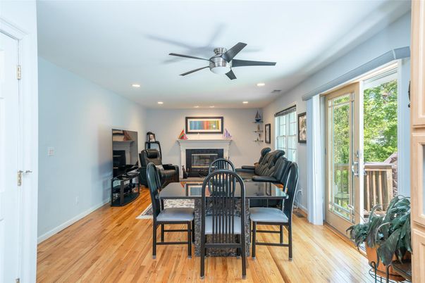 Dining room, Fireplace, Interior, Recessed Lighting, Wood Texture Flooring