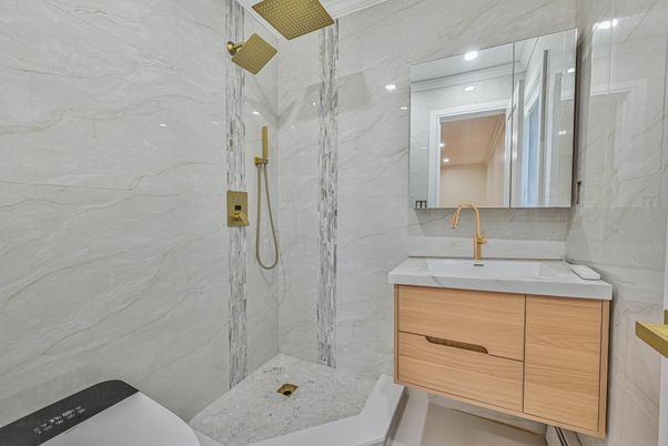 Bathroom, Glass Shower, Interior, Marble Walls, Recessed Lighting