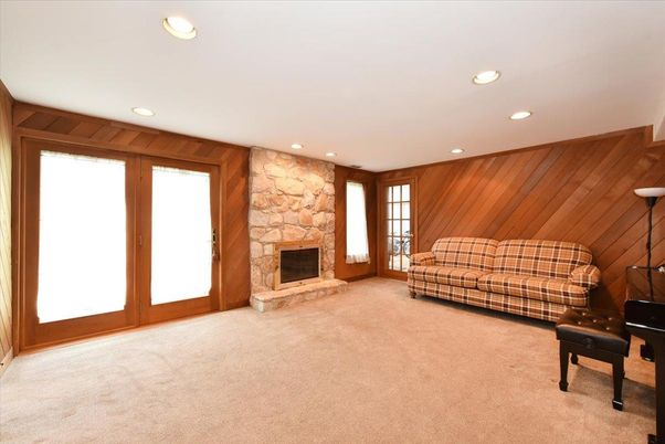 Fireplace, Interior, Recessed Lighting, Stone Walls, Wooden Walls